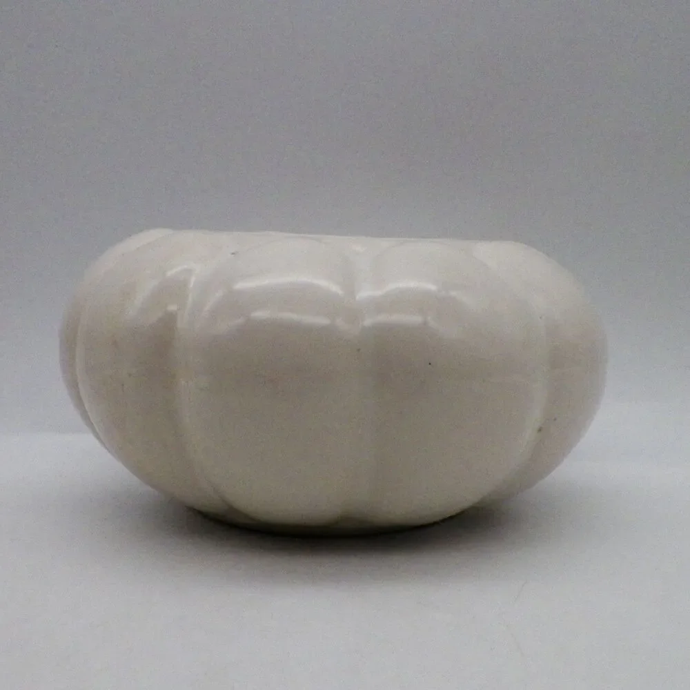 Mid Century Modern Ribbed Melon Planter White Glazed Ceramic Vintage